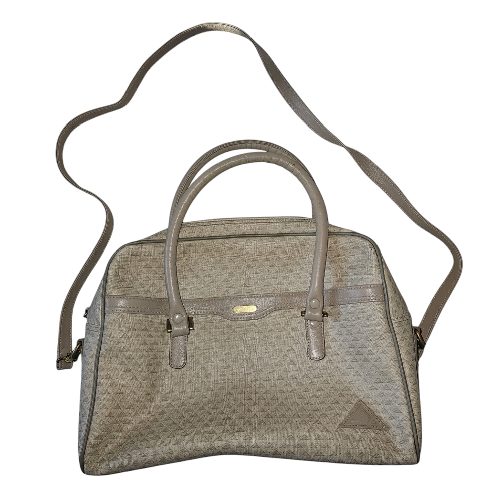 Liz Claiborne 1980s Vtg Purse Triangle Print Taupe & Khaki Shoulder Bag Zip Top